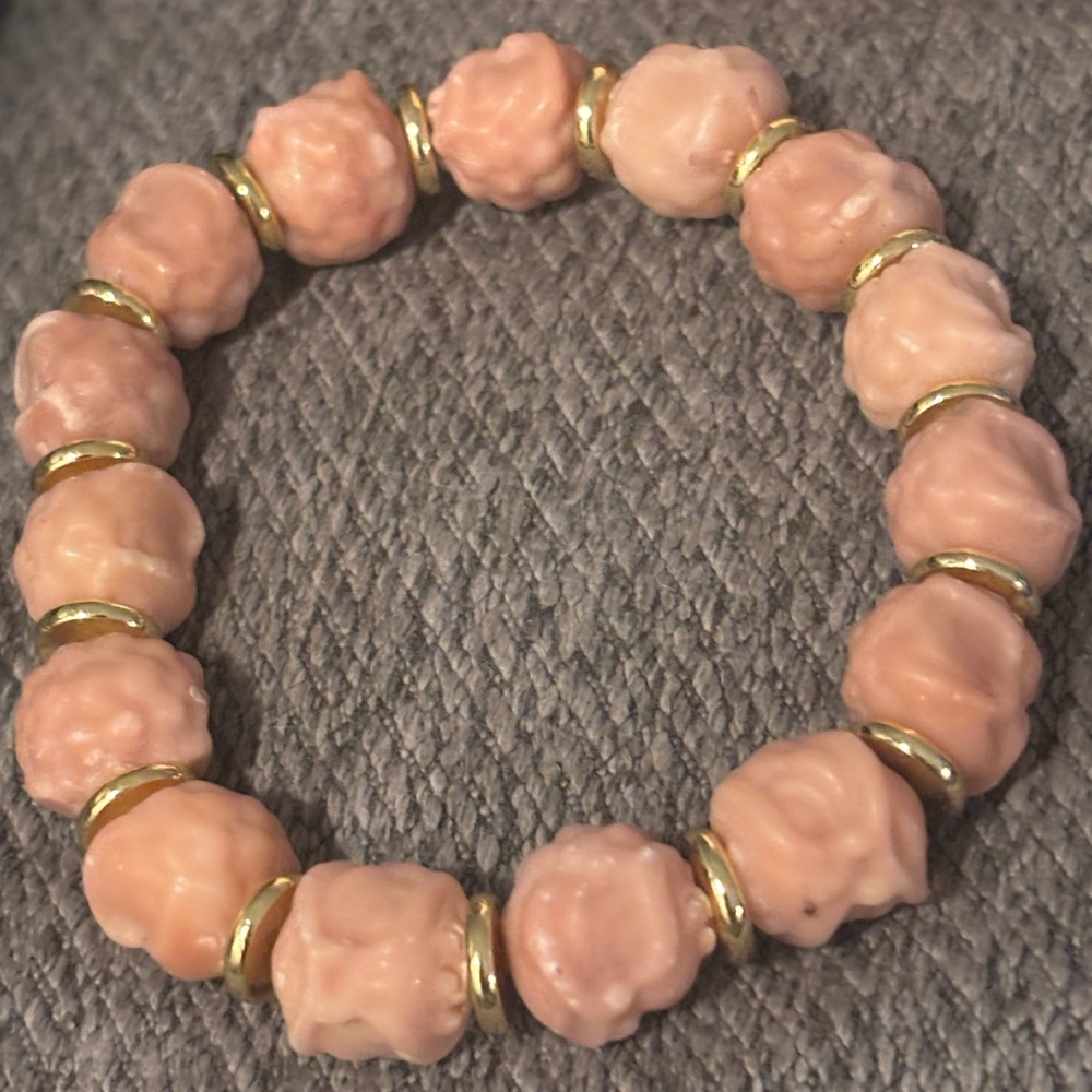 Pink Alashan Lion Head Carved Beaded Bracelet with Gold Accents